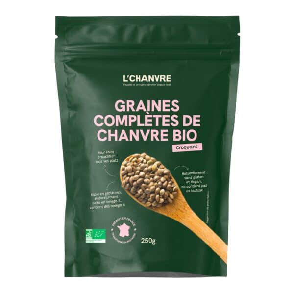 Graines de chanvre complètes bio L’Chanvre 250 g croquantes riches en fibres et protéines