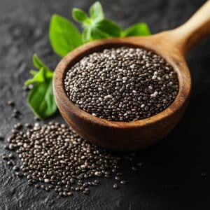 Graines de chia bio riches en oméga-3 et fibres, utilisées comme super-aliment naturel.