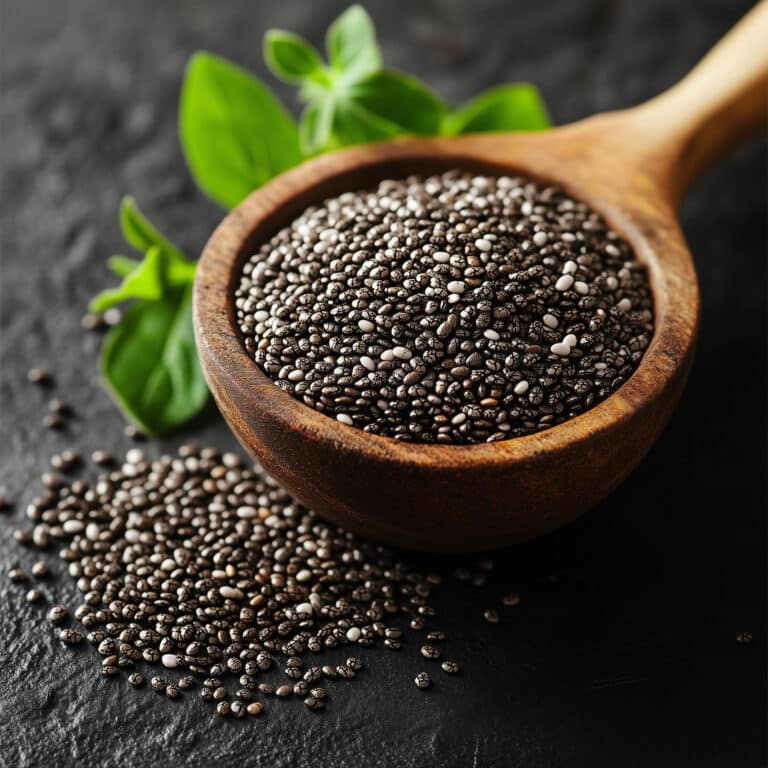 Graines de chia bio riches en oméga-3 et fibres, utilisées comme super-aliment naturel.