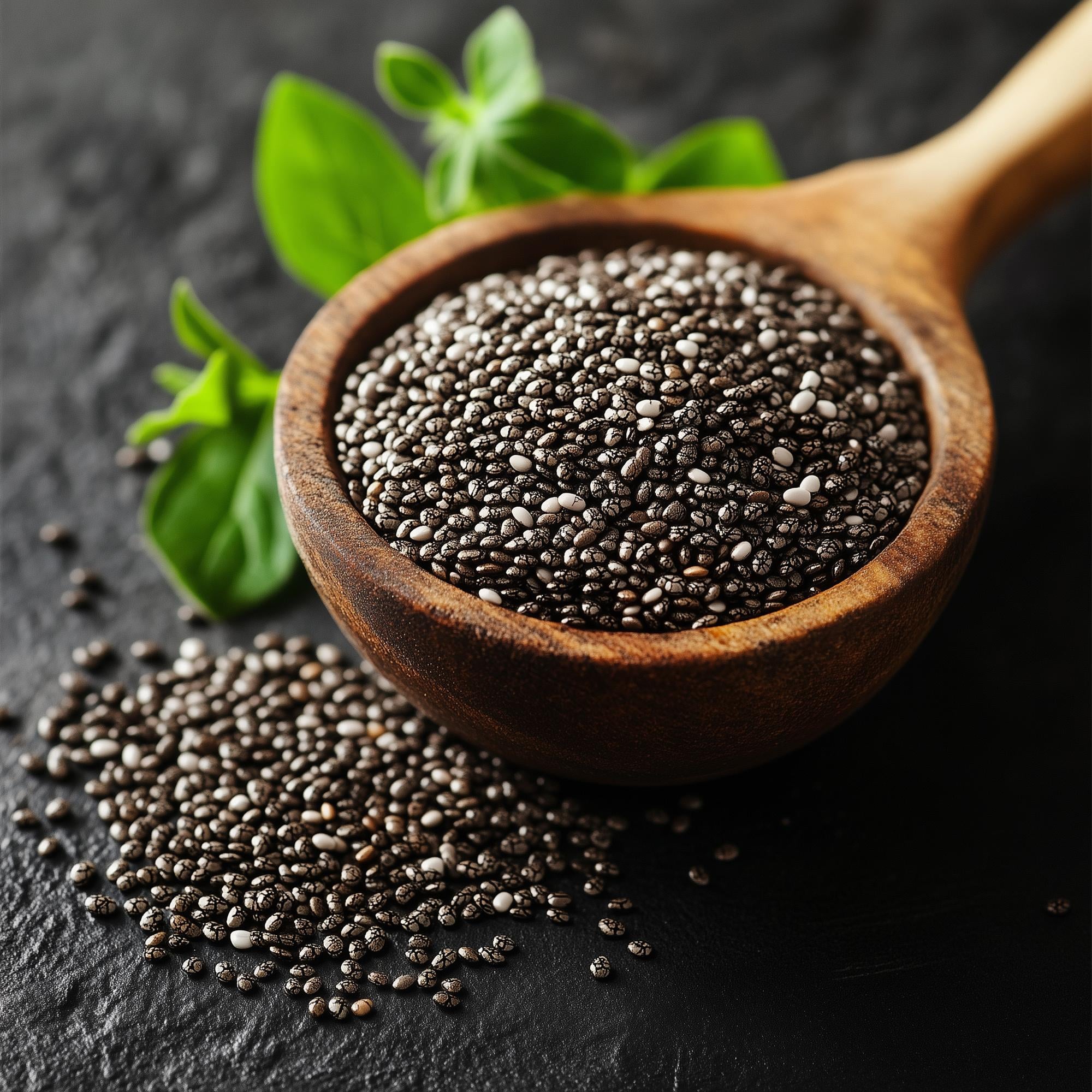 Graines de chia bio riches en oméga-3 et fibres, utilisées comme super-aliment naturel.