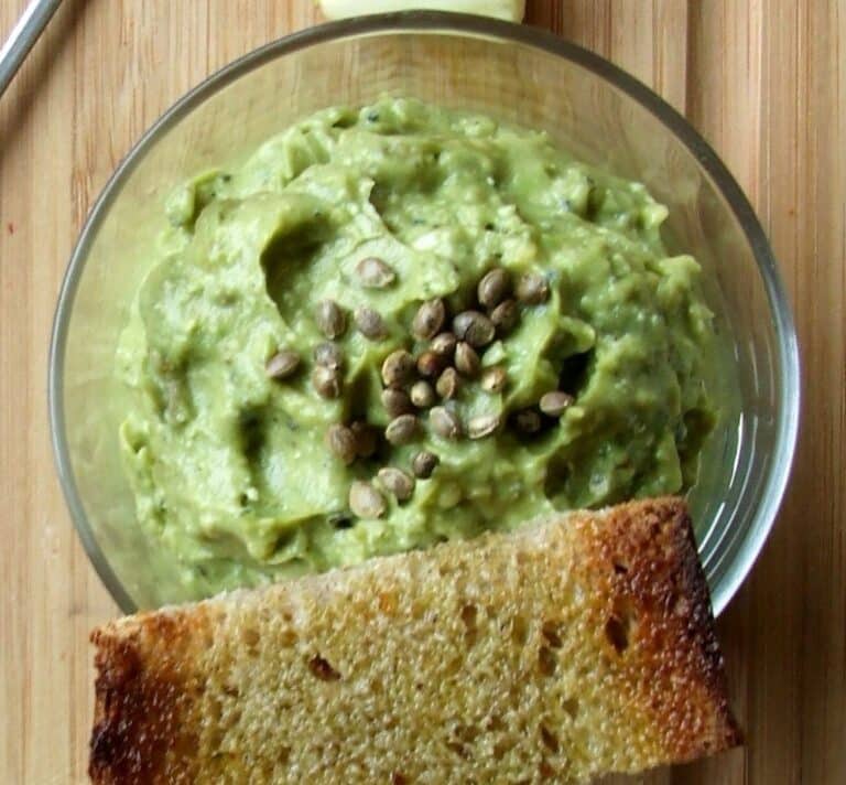 guacamole au chanvre maison avec graines de chanvre décortiquées et tartine grillée