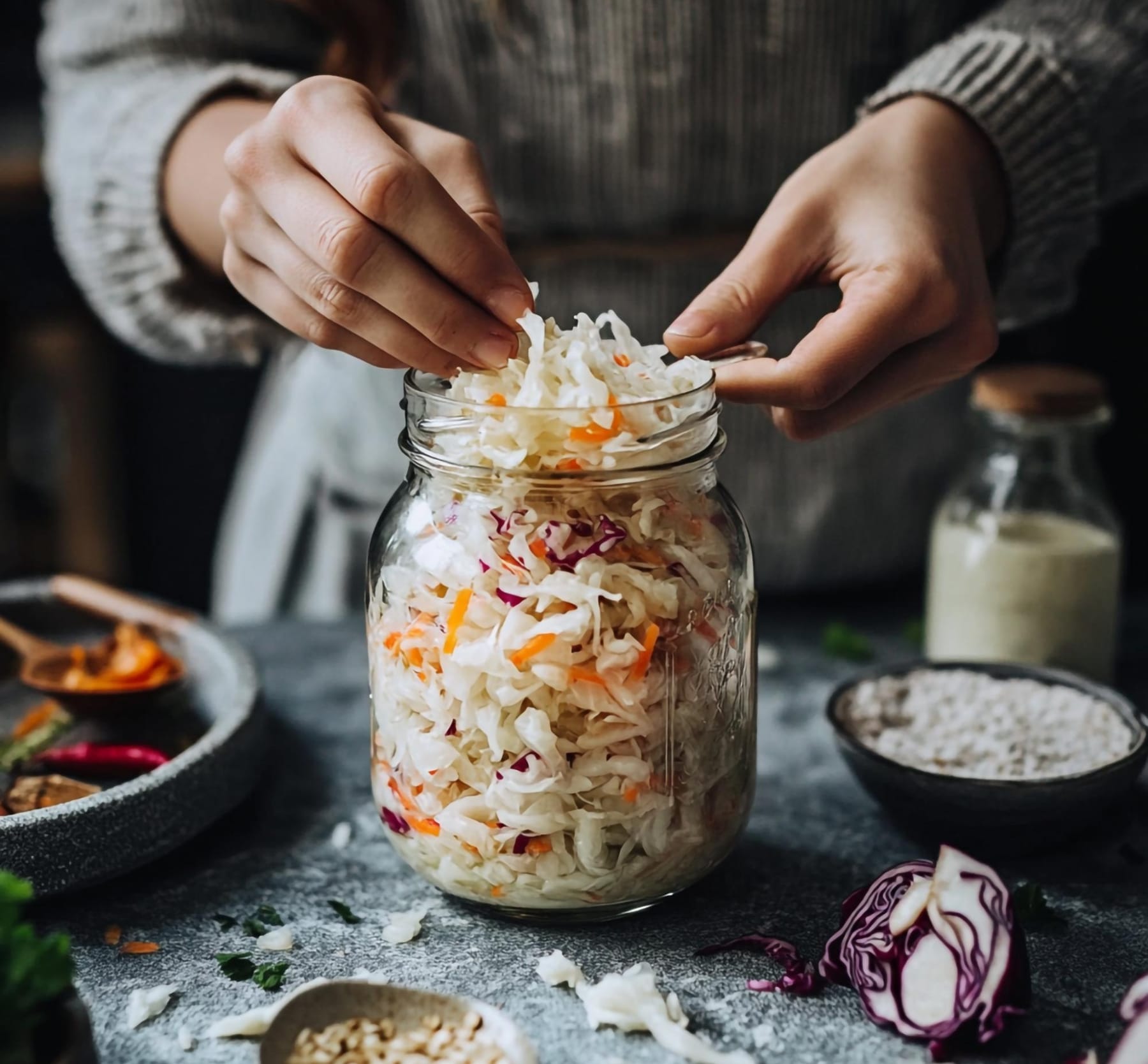 Préparation de légumes lactofermentés dans un bocal en verre pour fermentation naturelle