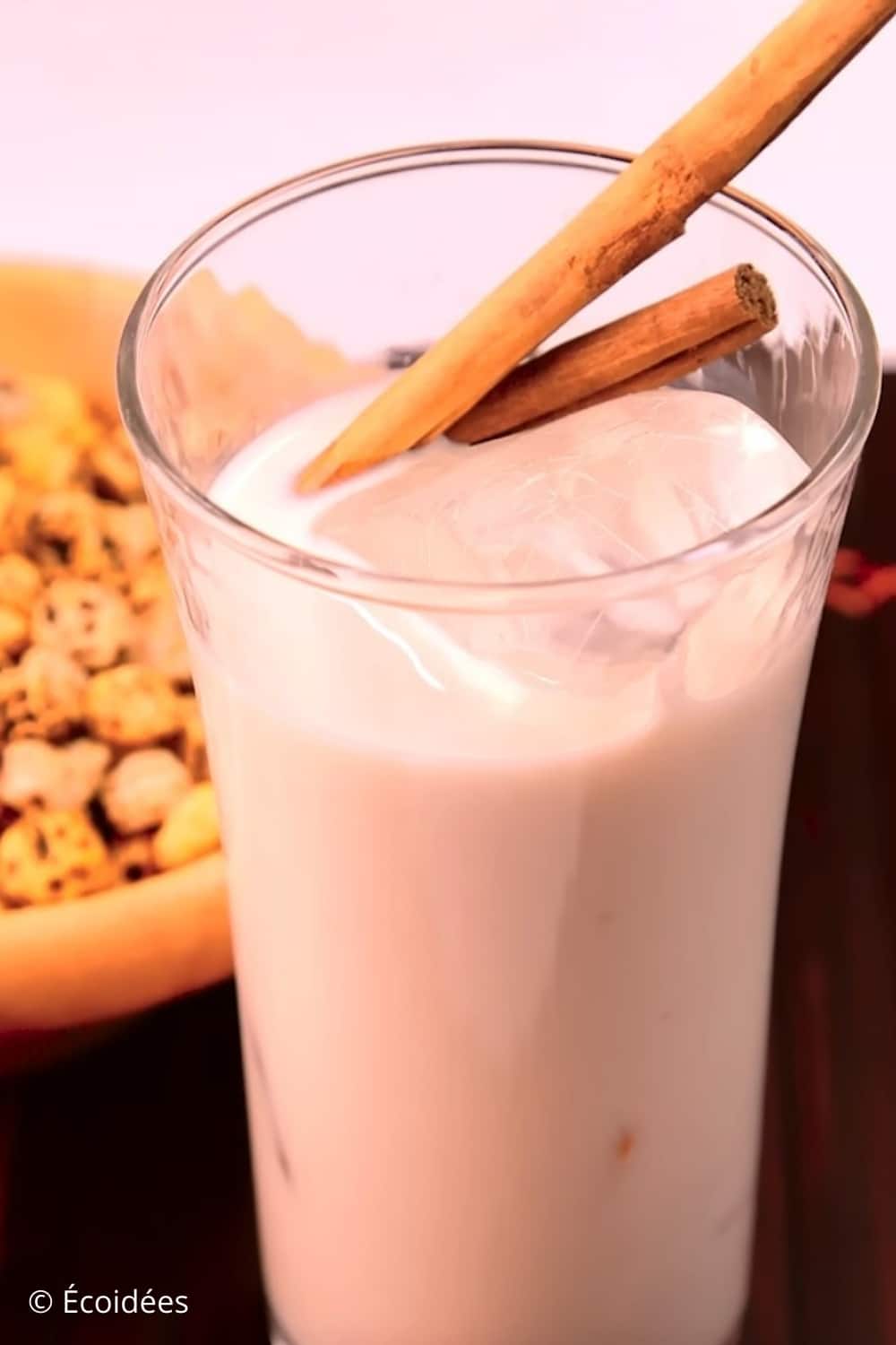 Verre de lait de souchet, boisson végétale naturelle et sans lactose, avec bâtons de cannelle – Écoidées