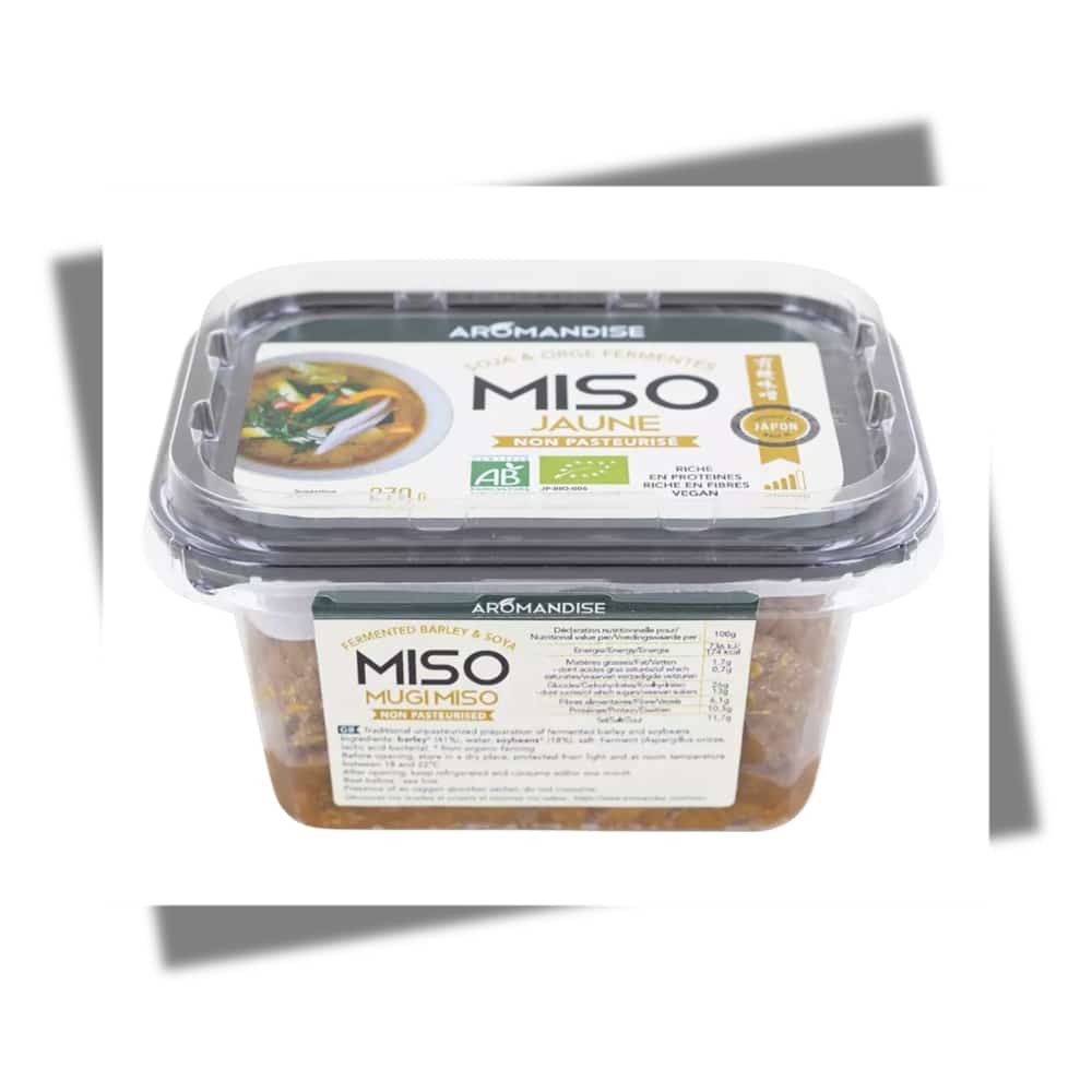 Miso jaune bio non pasteurisé Aromandise en barquette – pâte fermentée japonaise au soja et orge