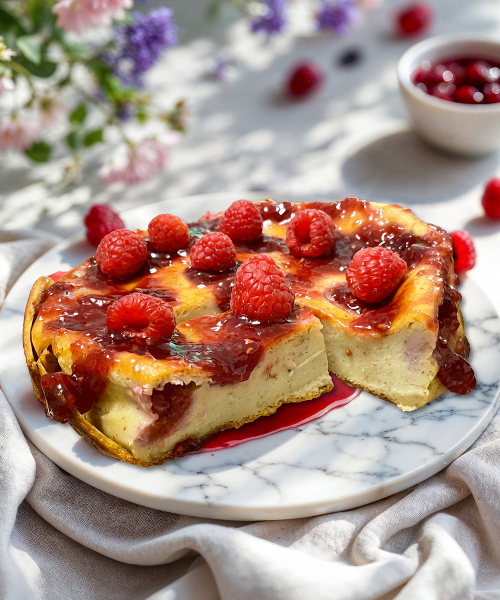 moelleux à la ricotta végétale et framboises avec coulis