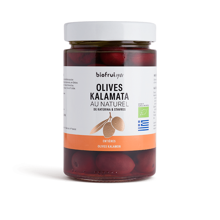 Olives Kalamon noires bio de Kalamata en bocal Biofrui1981 spécialité grecque charnue et fruitée