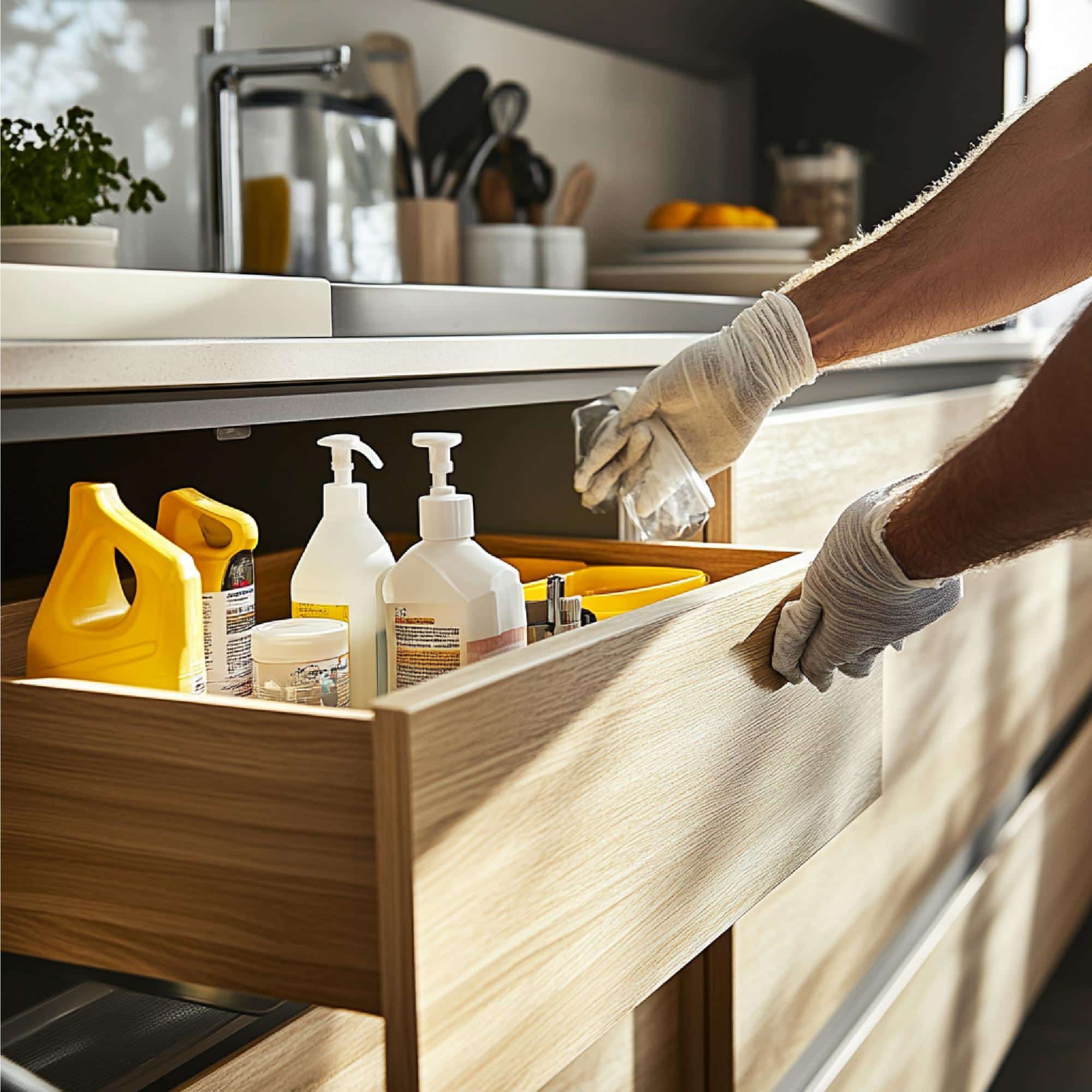 Objets du quotidien en plastique dans une cuisine illustrant la présence du plastique à la maison