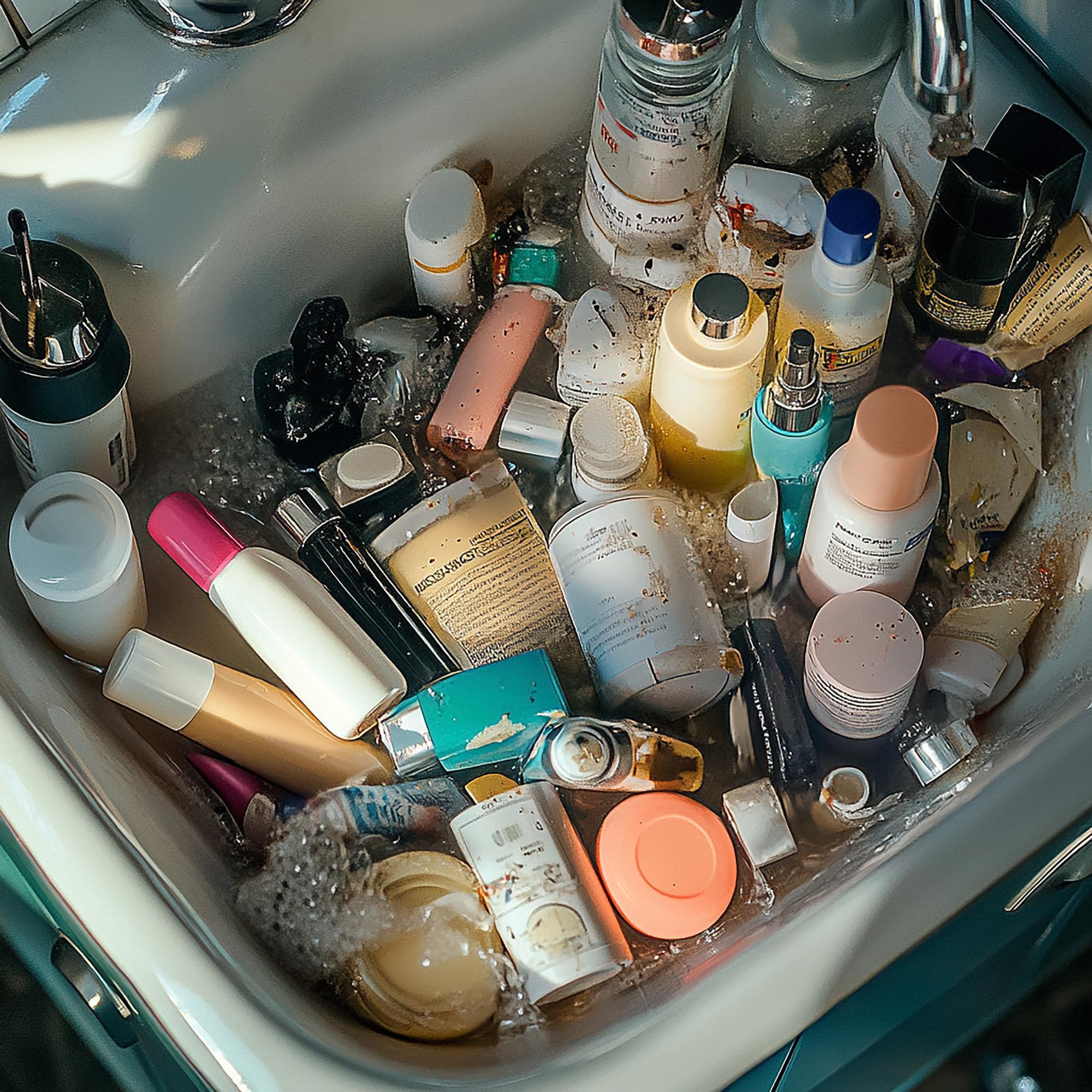Produits d’hygiène et cosmétiques en plastique dans une salle de bain illustrant l’usage quotidien du plastique