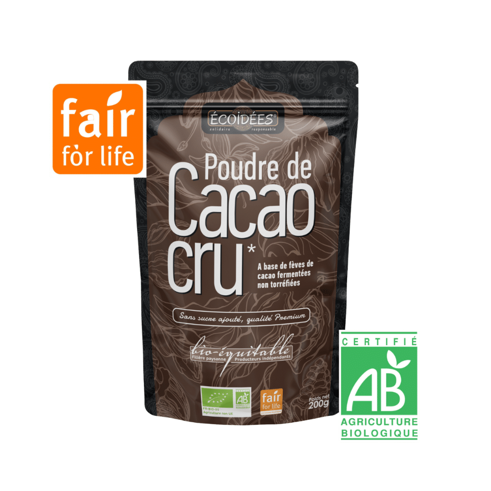 Poudre de cacao cru bio Écoidées en sachet, cacao non torréfié riche en antioxydants