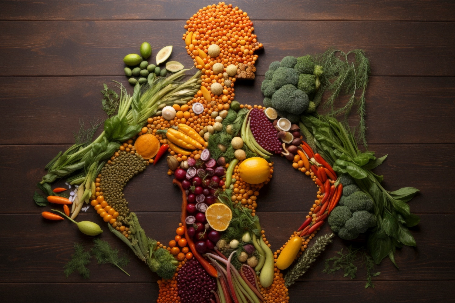 Silhouette humaine composée de fruits et légumes illustrant l’équilibre alimentaire et les super-aliments
