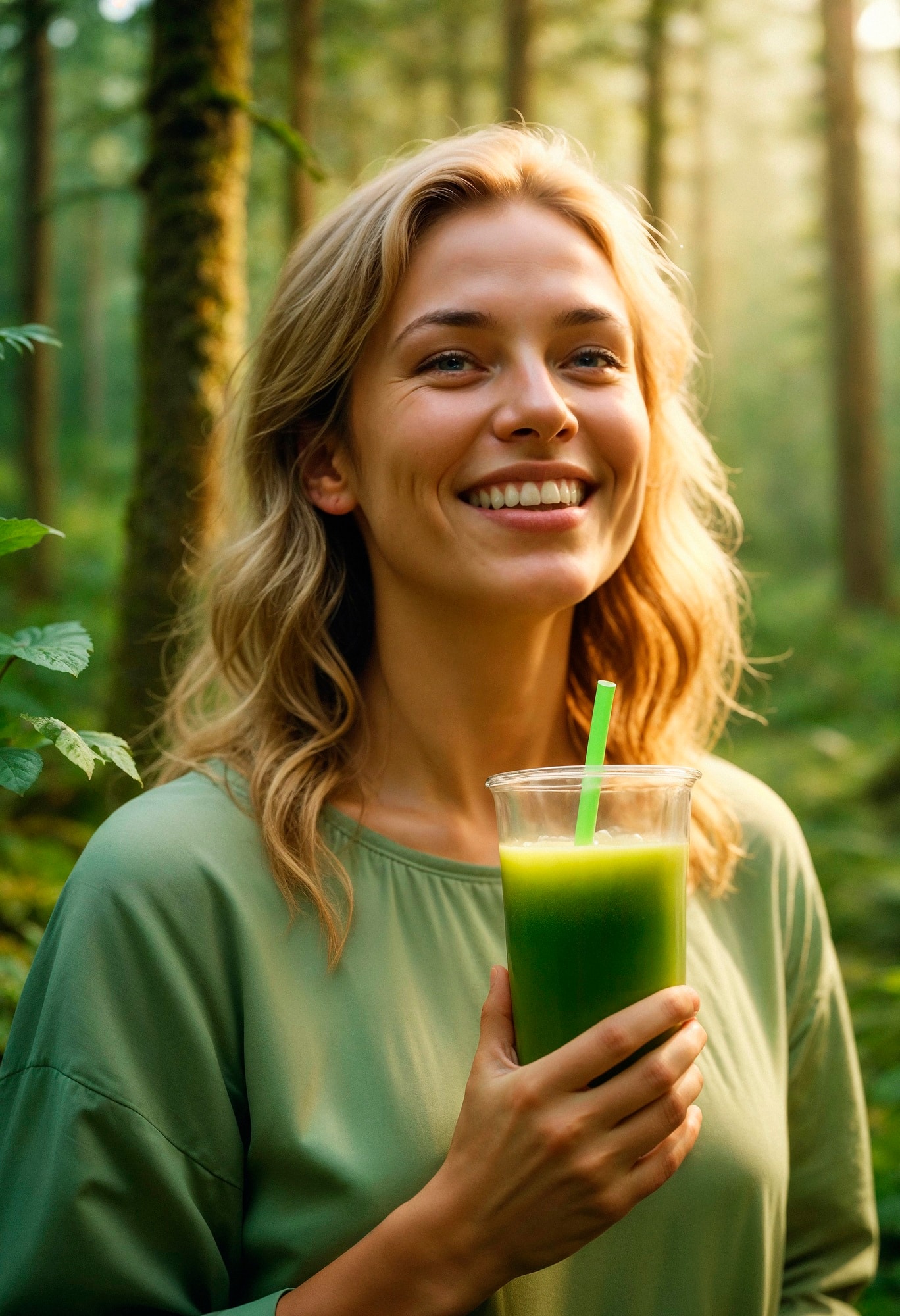 femme buvant un smoothie vert riche en spiruline et nutriments naturels