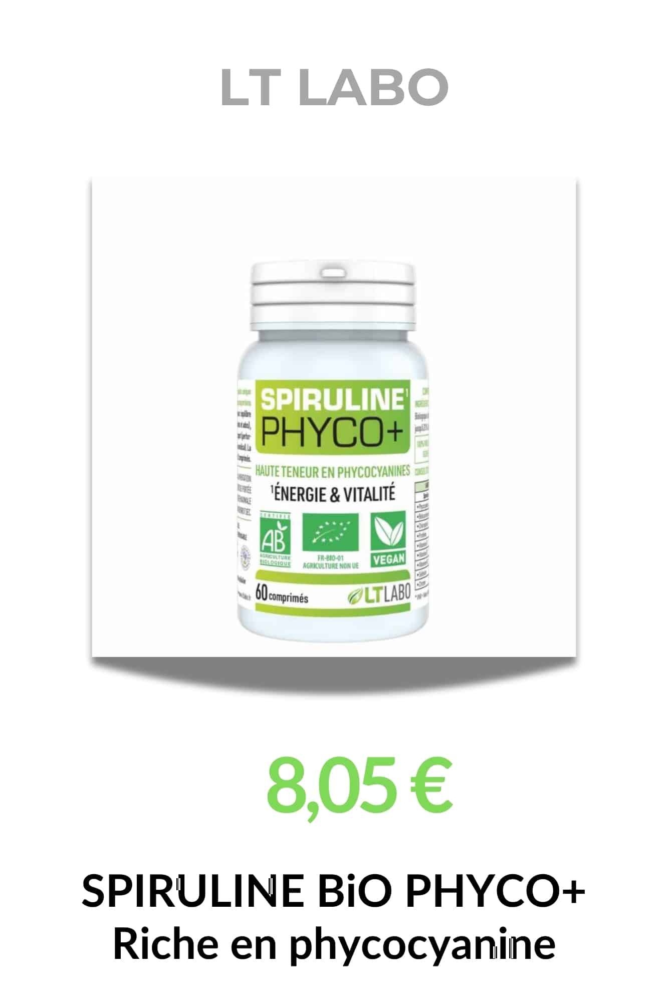 Spiruline Bio Phyco+ LT Labo en comprimés, spiruline biologique riche en phycocyanine pour énergie et vitalité