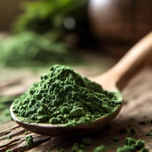 poudre de spiruline verte dans une cuillère en bois super-aliment naturel riche en protéines