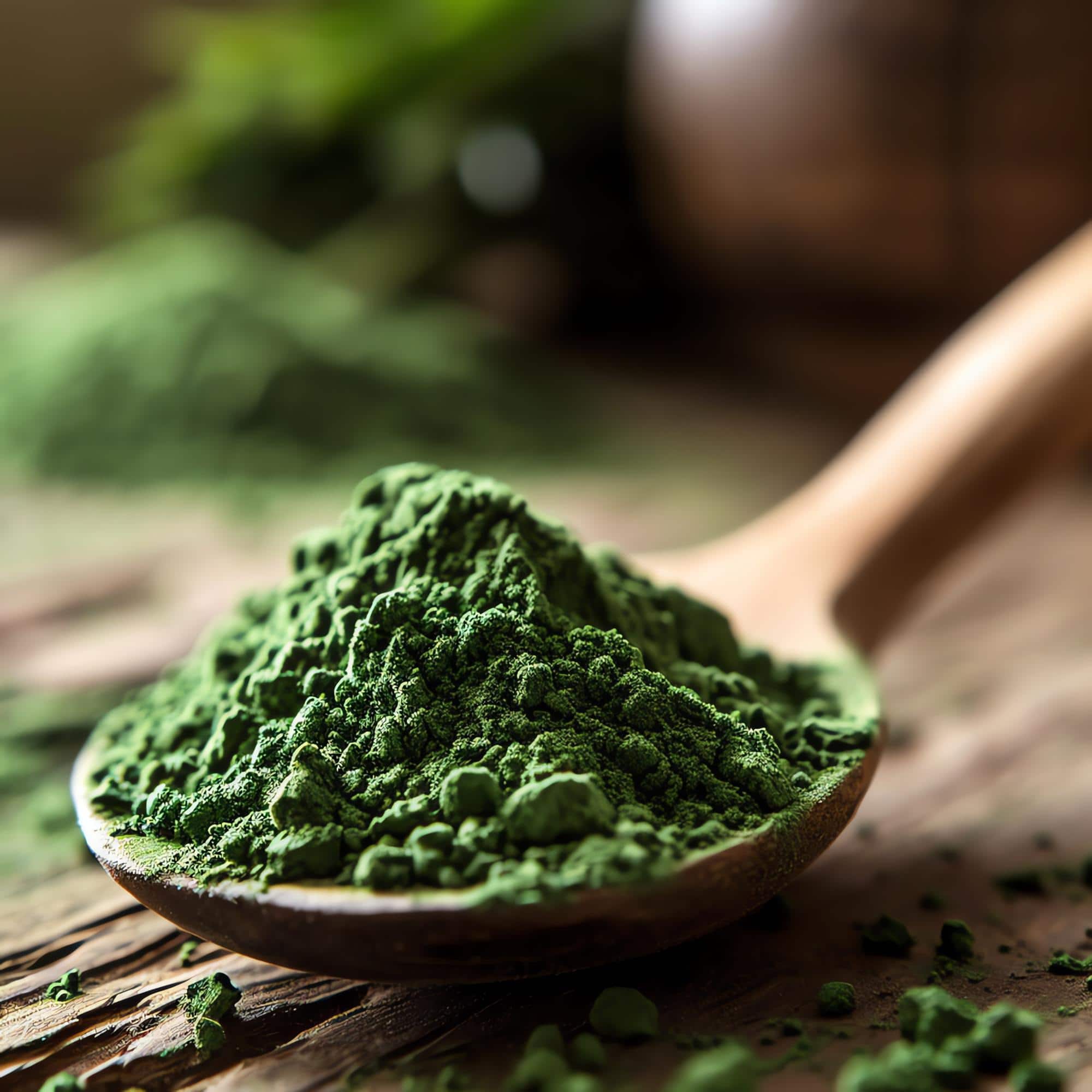 poudre de spiruline verte dans une cuillère en bois super-aliment naturel riche en protéines