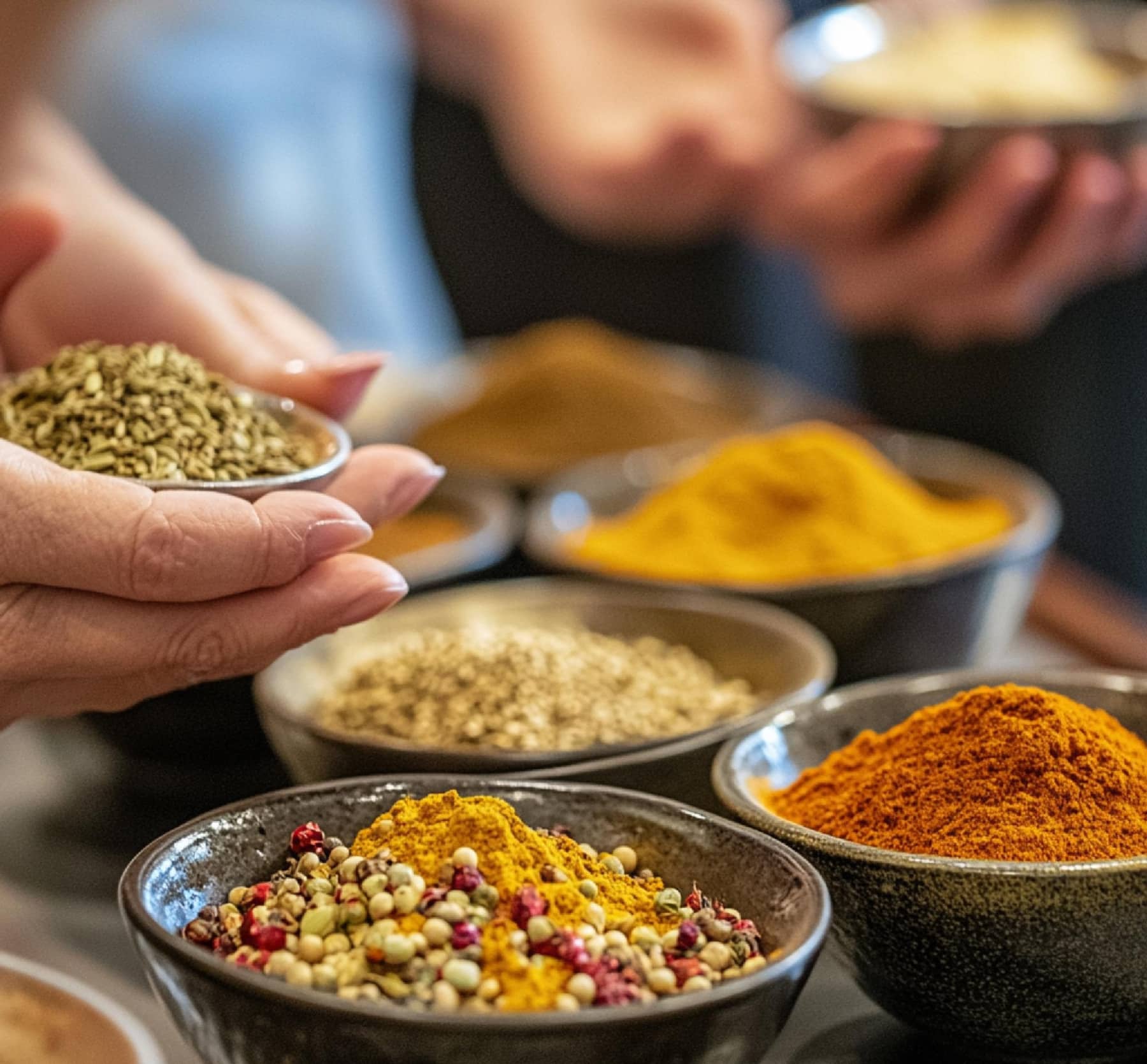 Super-aliments naturels : bols de curcuma, graines et épices utilisés en cuisine