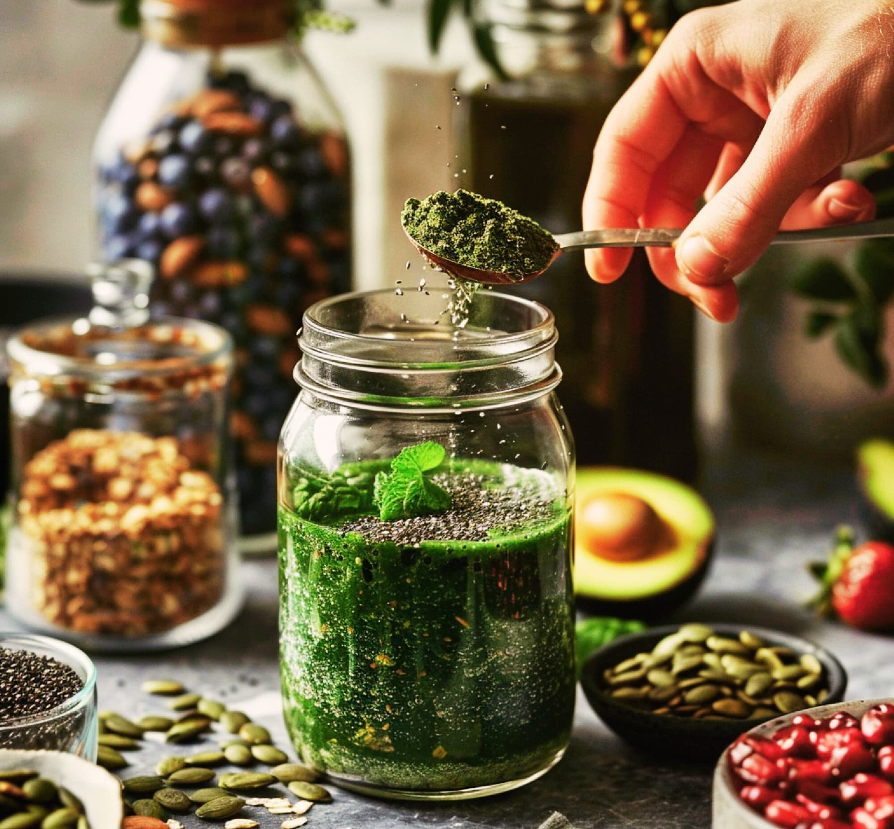 Préparation d’un smoothie vert aux super-aliments (graines, spiruline, ingrédients naturels) dans un bocal en verre
