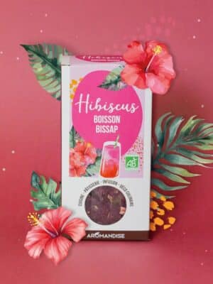 Boîte d’hibiscus bio Aromandise pour préparation de bissap, infusion naturelle riche en antioxydants associée à la vitalité et à l’énergie naturelle