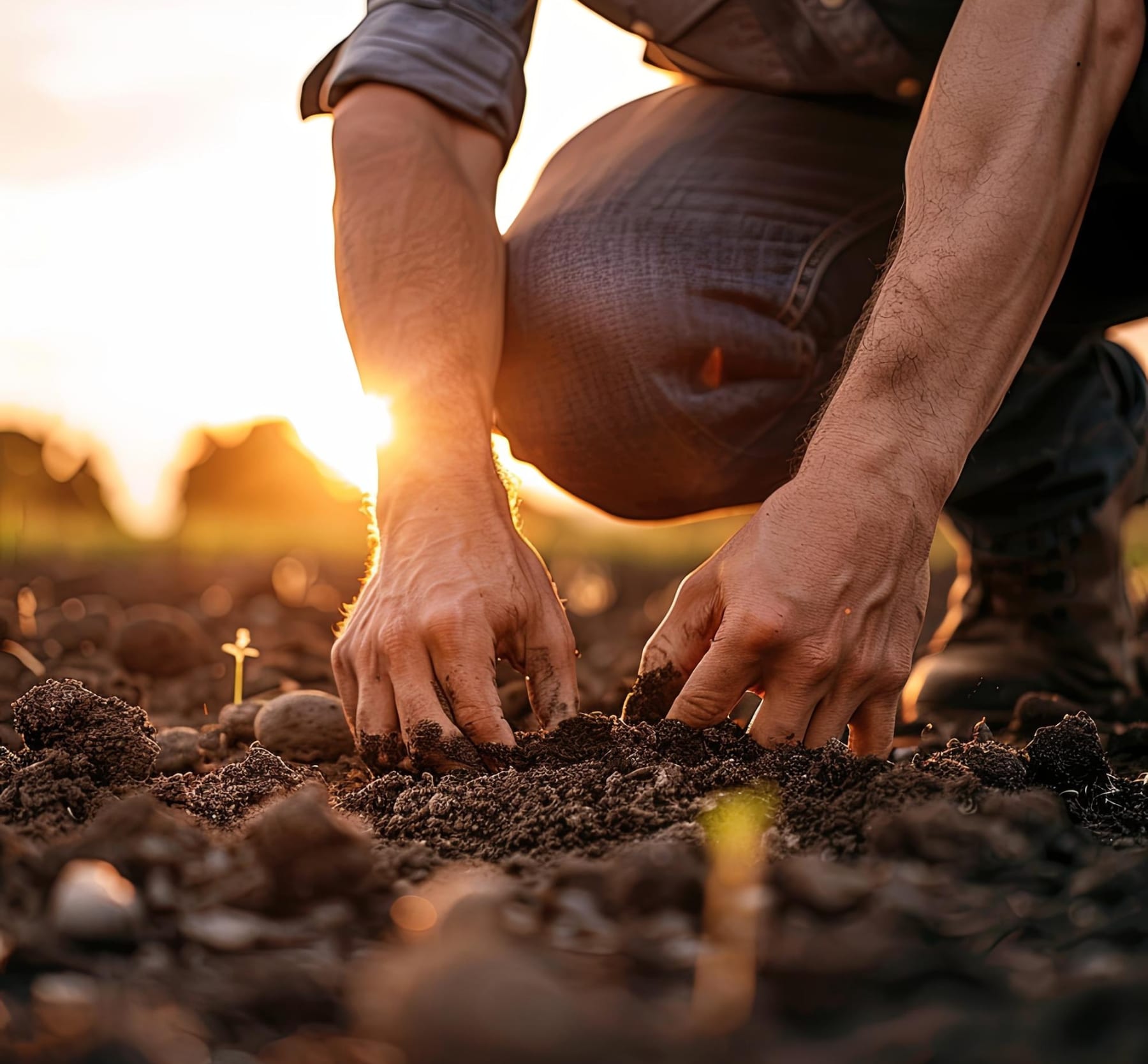 Mains travaillant une terre vivante en agriculture naturelle au coucher du soleil
