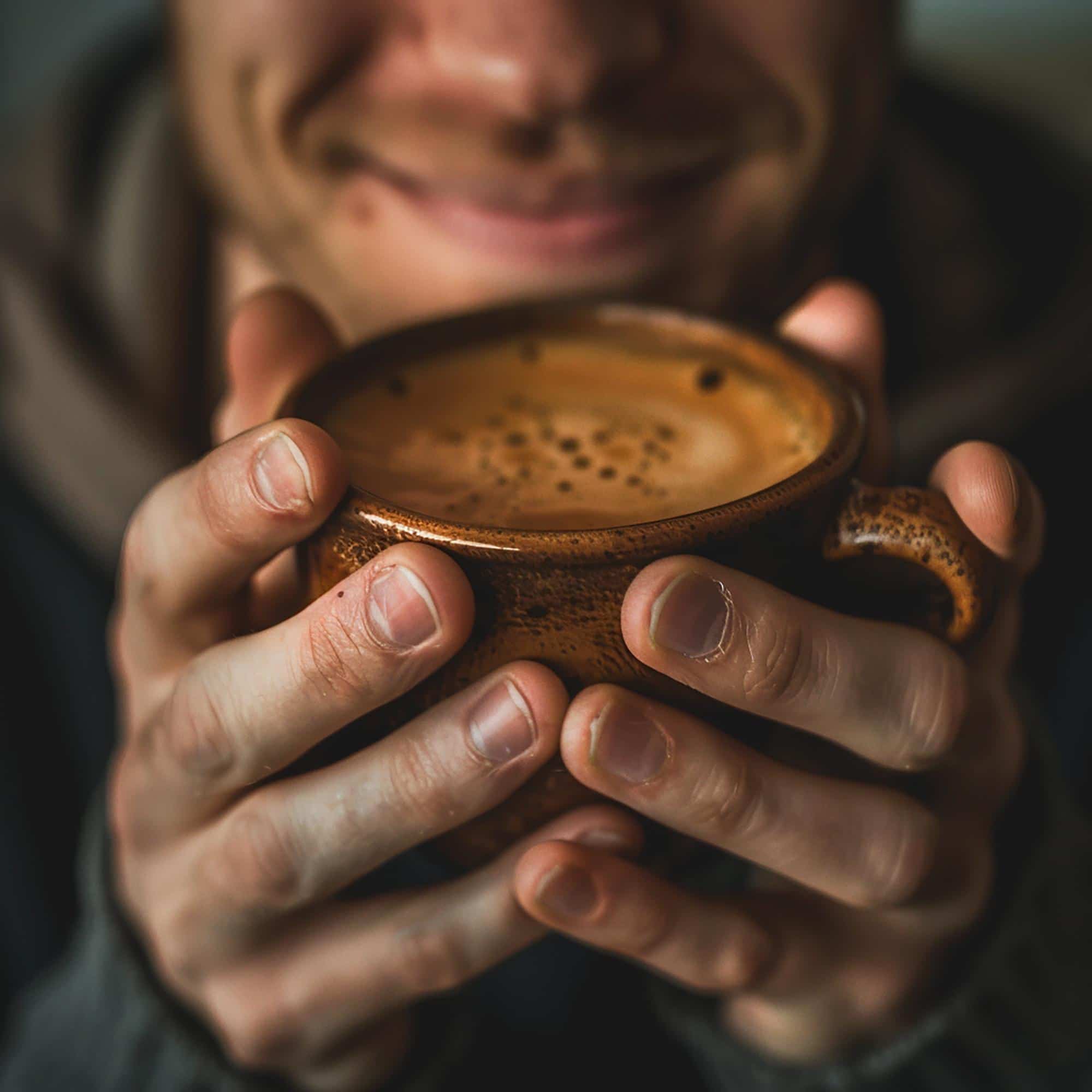 Personne tenant une tasse chaude entre ses mains, symbole de chaleur humaine et de consommation plus consciente autour du commerce équitable.