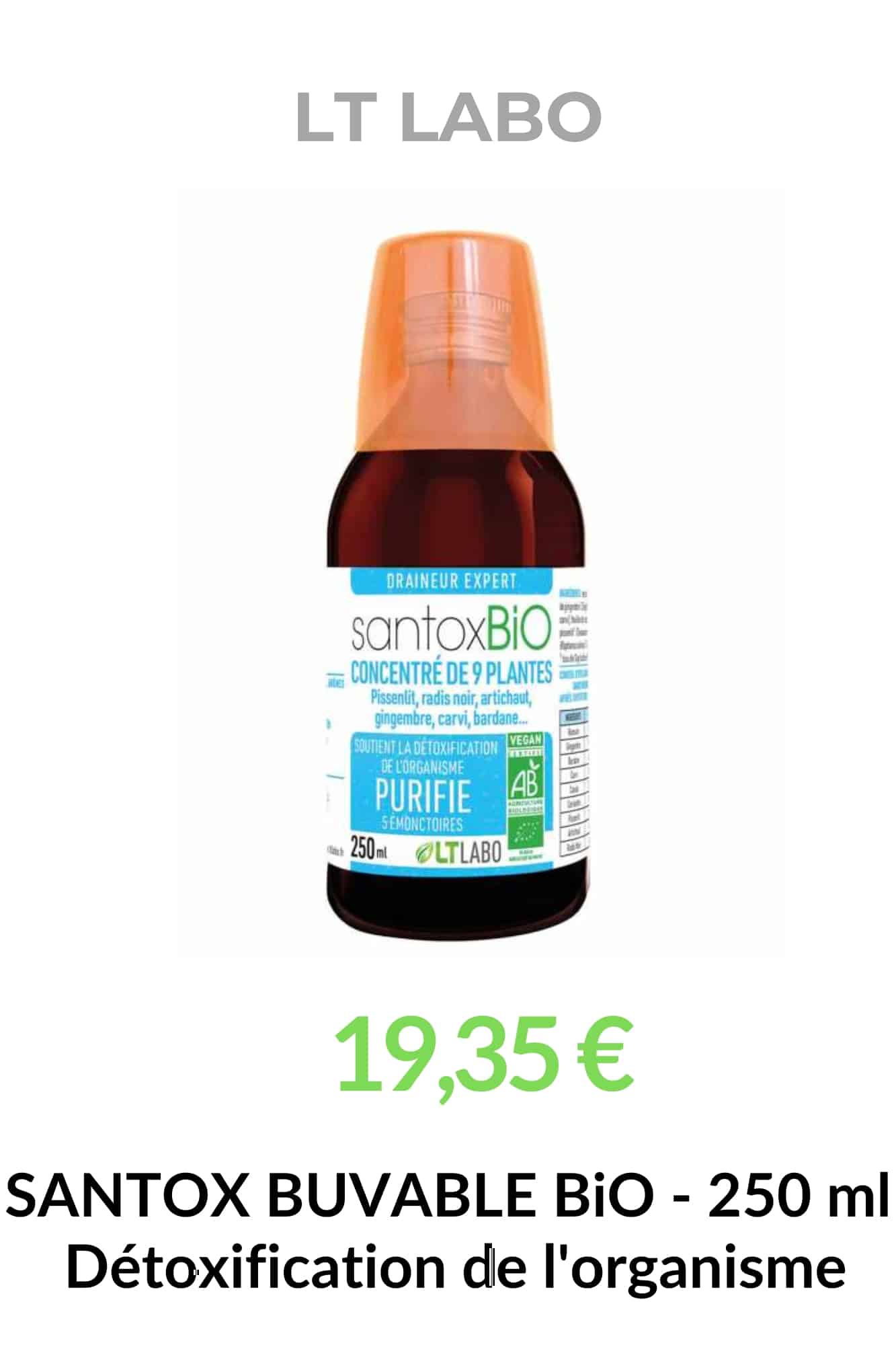 Produit Santox Buvable Bio LT Labo affiché avec son prix – détoxification naturelle de l’organisme à base de plantes bio