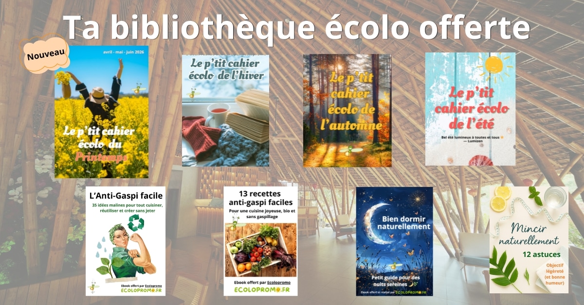 Bibliothèque d’e-books gratuits Ecolopromo avec les cahiers écolo du printemps, hiver, automne et été ainsi que des guides bien-être et anti-gaspi