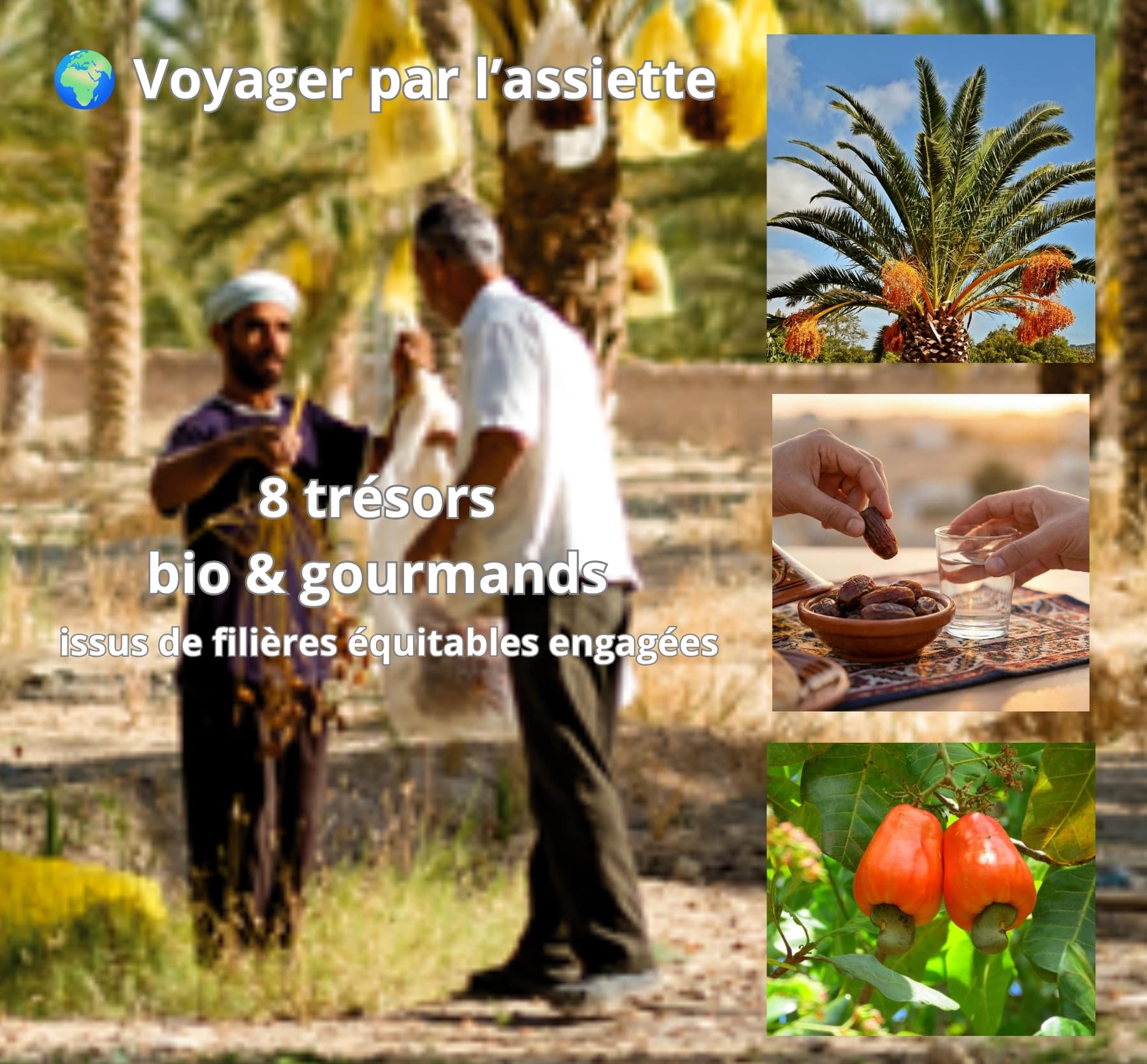 Article Ecolopromo sur les trésors bio issus de filières équitables engagées : dattes, noix de cajou et produits du monde cultivés dans le respect des producteurs et de l’environnement.