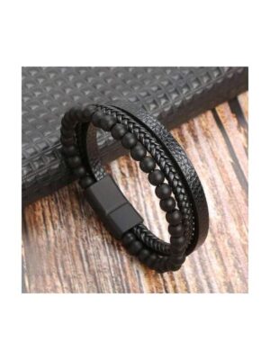 Bracelet homme en cuir noir et perles noires, accessoire sobre et élégant à offrir.