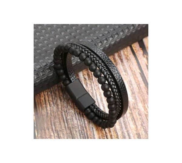Bracelet homme en cuir noir et perles noires, accessoire sobre et élégant à offrir.