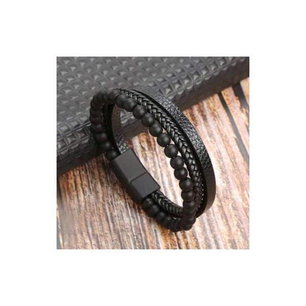 Bracelet homme en cuir noir et perles noires, accessoire sobre et élégant à offrir.