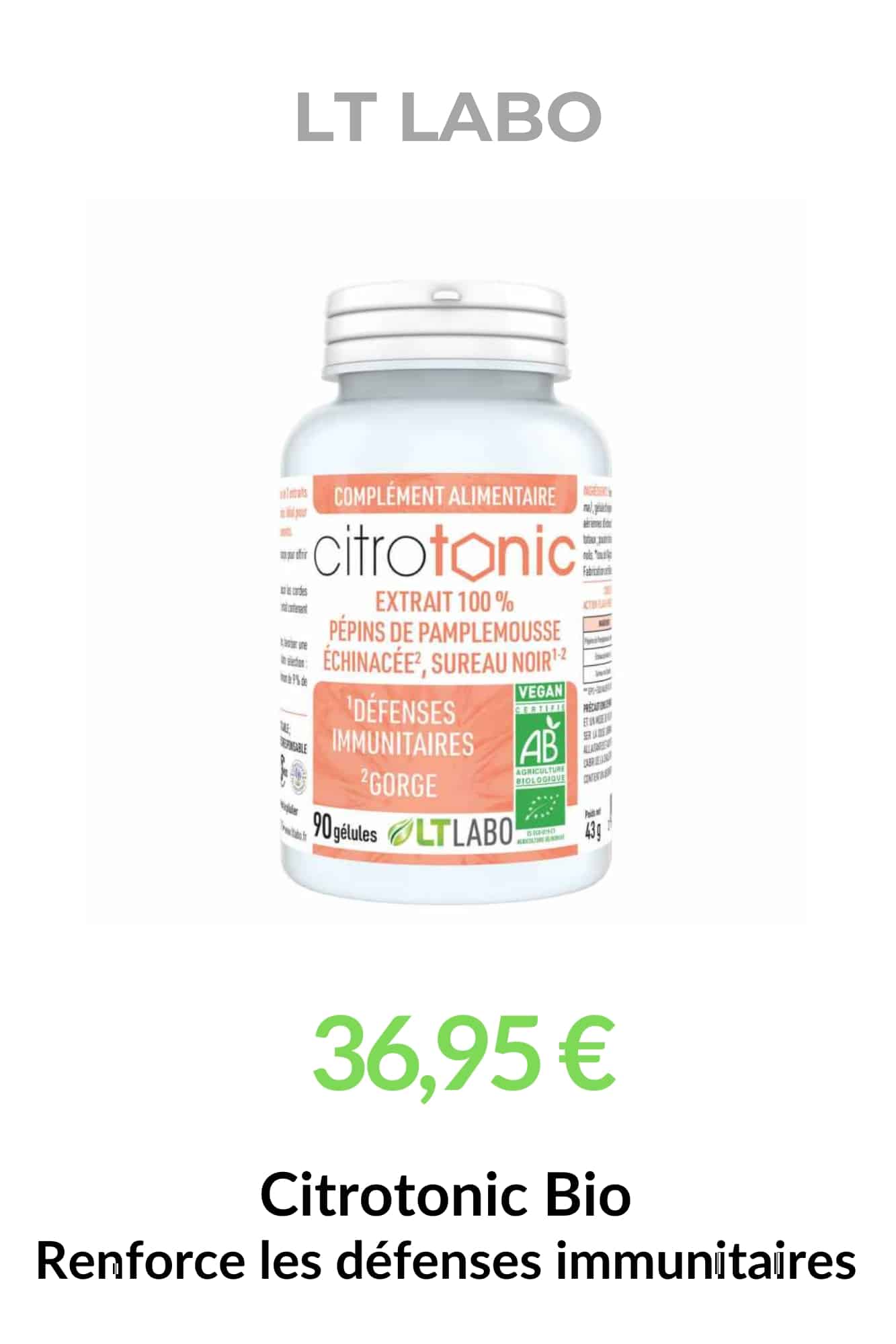 Citrotonic Bio LT Labo, complément alimentaire bio aux pépins de pamplemousse, échinacée et sureau noir pour soutenir les défenses immunitaires.