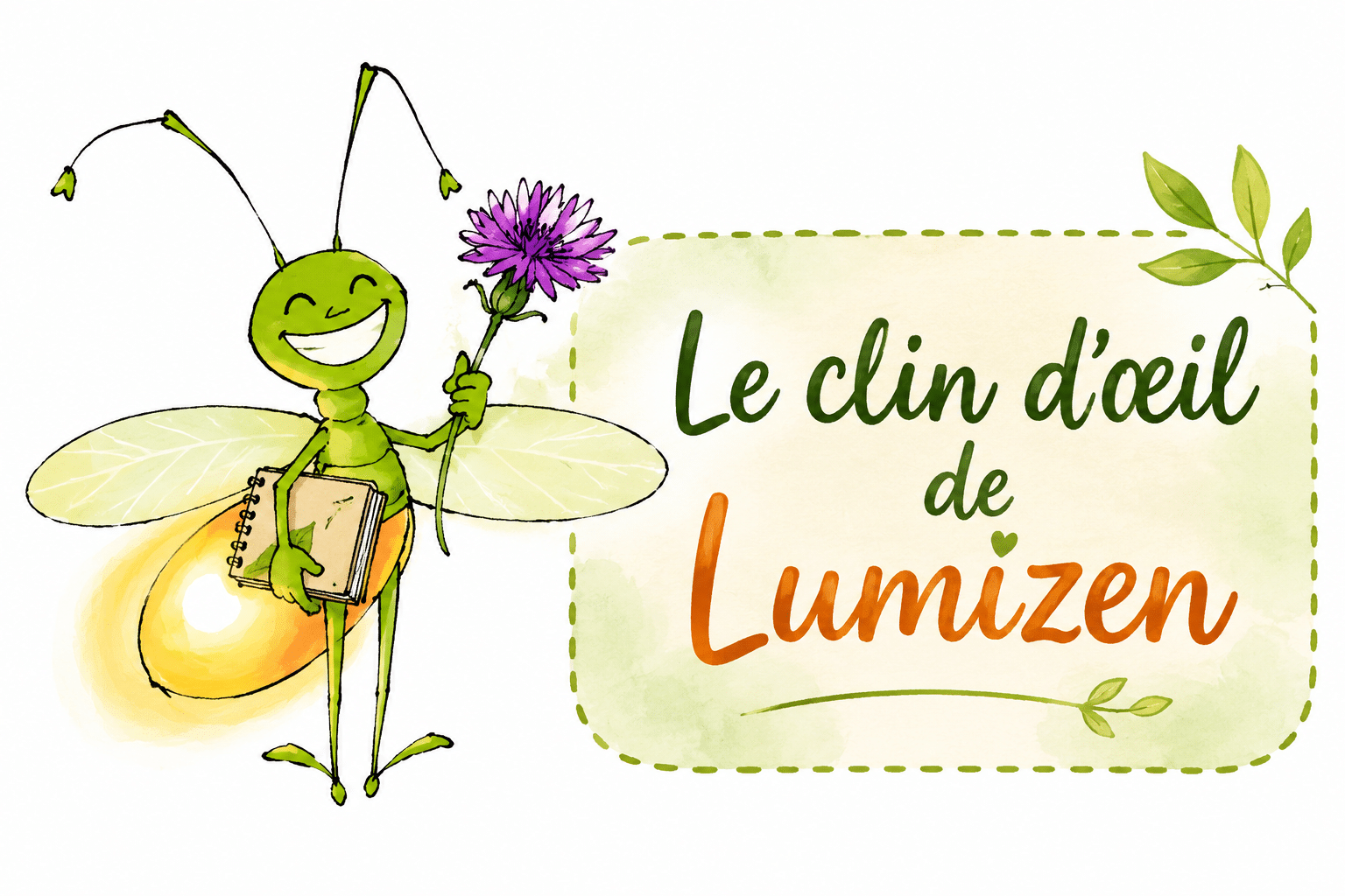 Illustration de Lumizen tenant une fleur sauvage et un carnet de balade, accompagnant les anecdotes nature d'Ecolopromo.