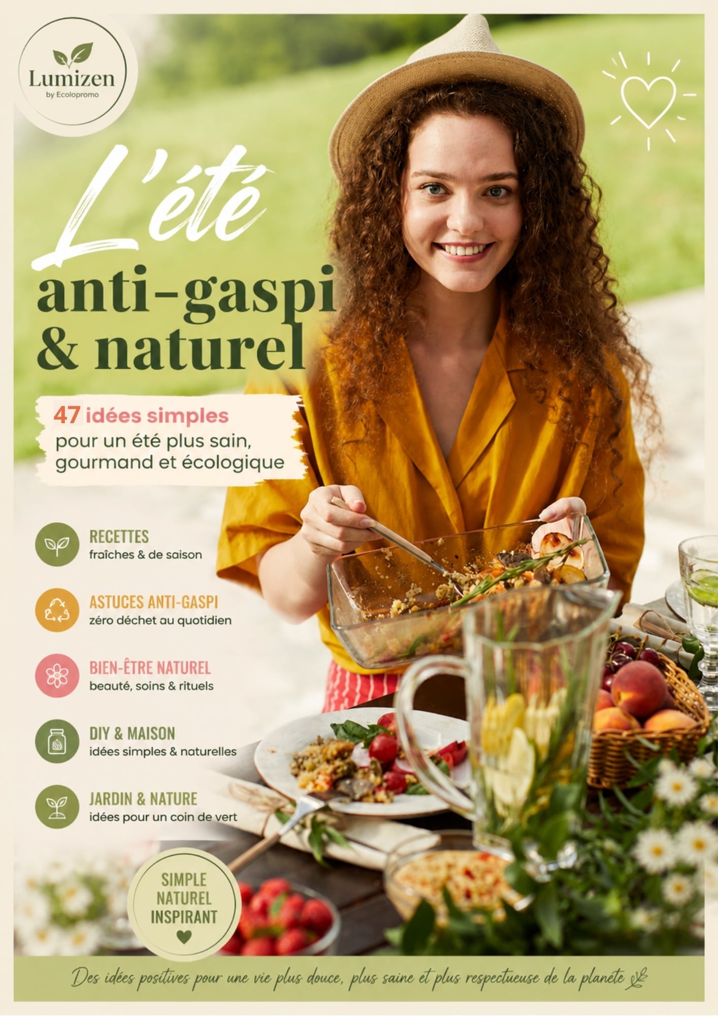 Couverture du P’tit Cahier Lumizen « L’été anti-gaspi & naturel » avec recettes, astuces zéro déchet, bien-être naturel, DIY et jardin au naturel
