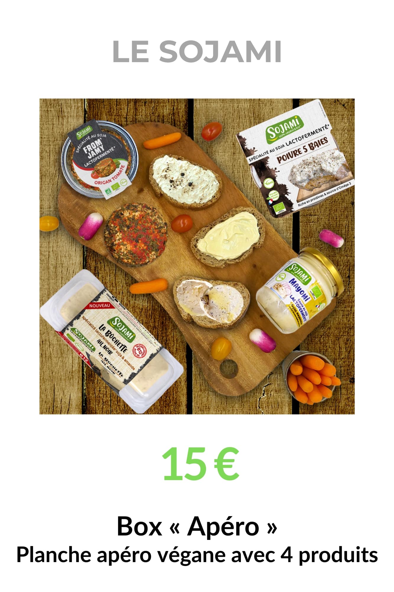 Fiche produit Sojami présentant une box apéro végane avec 4 spécialités végétales à tartiner et partager.