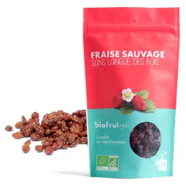 Fraise sauvage séchée entière bio des Alpes Dinariques – 100g | Biofrui1981 Fraises sauvages bio séchées Biofrui1981 en sachet éco-conçu de 100g, cueillies dans les Alpes Dinariques en Serbie.