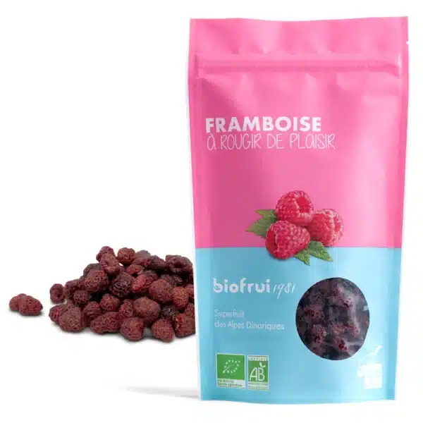 Framboise séchée entière bio des Alpes Dinariques 100g – Produit | Biofrui1981 Sachet de framboises bio séchées Biofrui1981 avec framboises entières des Alpes Dinariques.