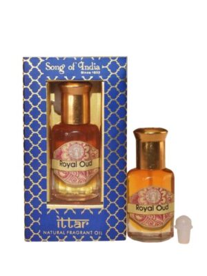 Flacon d’huile parfumée Royal Oud aux notes boisées et orientales, présenté dans son coffret.