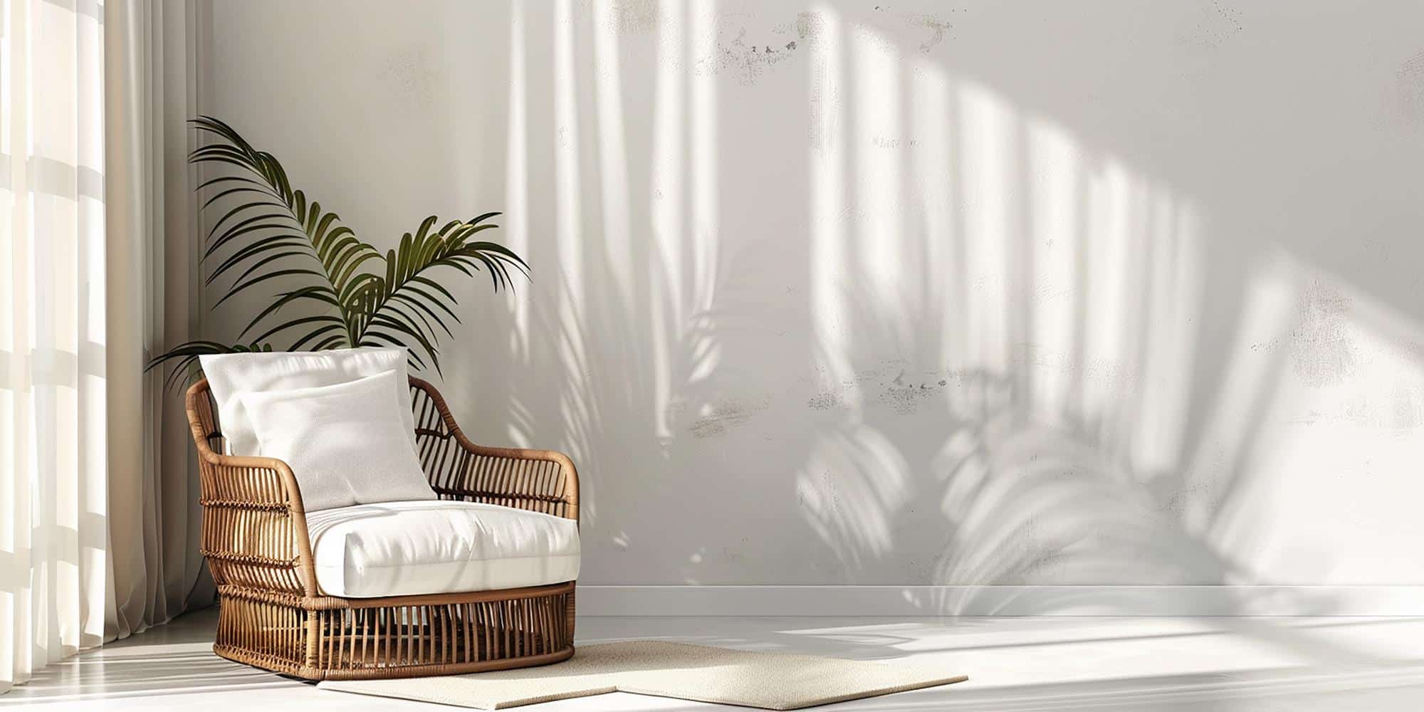 Fauteuil en rotin dans un intérieur lumineux et épuré, illustrant l'idée d'alléger la maison en retirant tapis et textiles épais pendant la canicule.