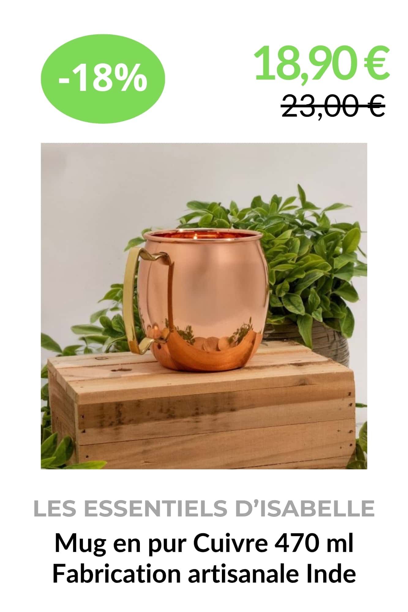 Mug en pur cuivre 470 ml de style ayurvédique fabriqué artisanalement