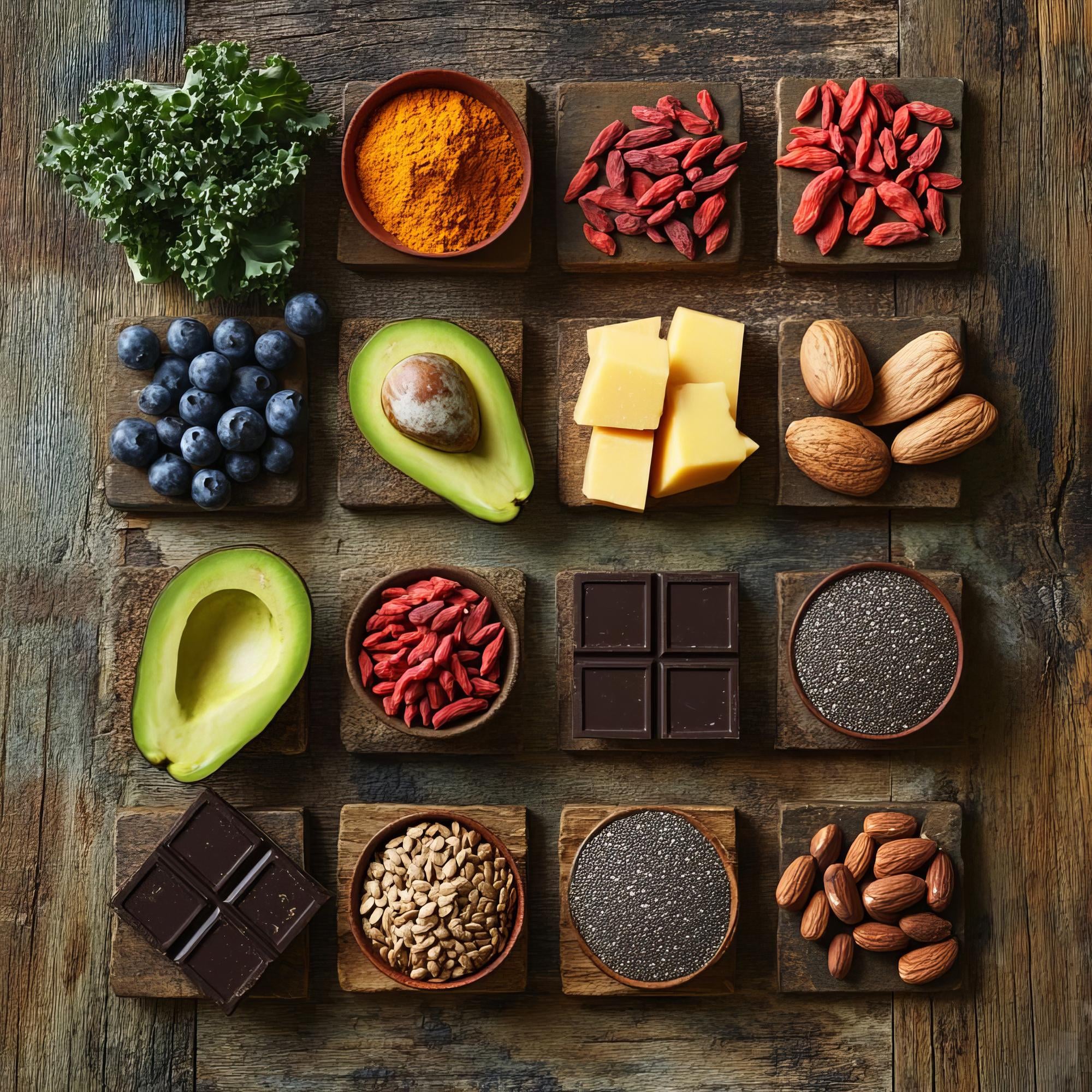 Sélection d'aliments naturellement riches en magnésium : chocolat noir, avocat, graines, oléagineux, légumes verts et baies.