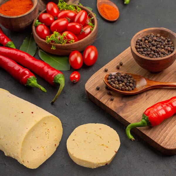 Bûchette Soja & Amande Bio saveur Piment d'Espelette Sojami, alternative végétale lactofermentée riche en protéines et naturellement source de vitamine B12.