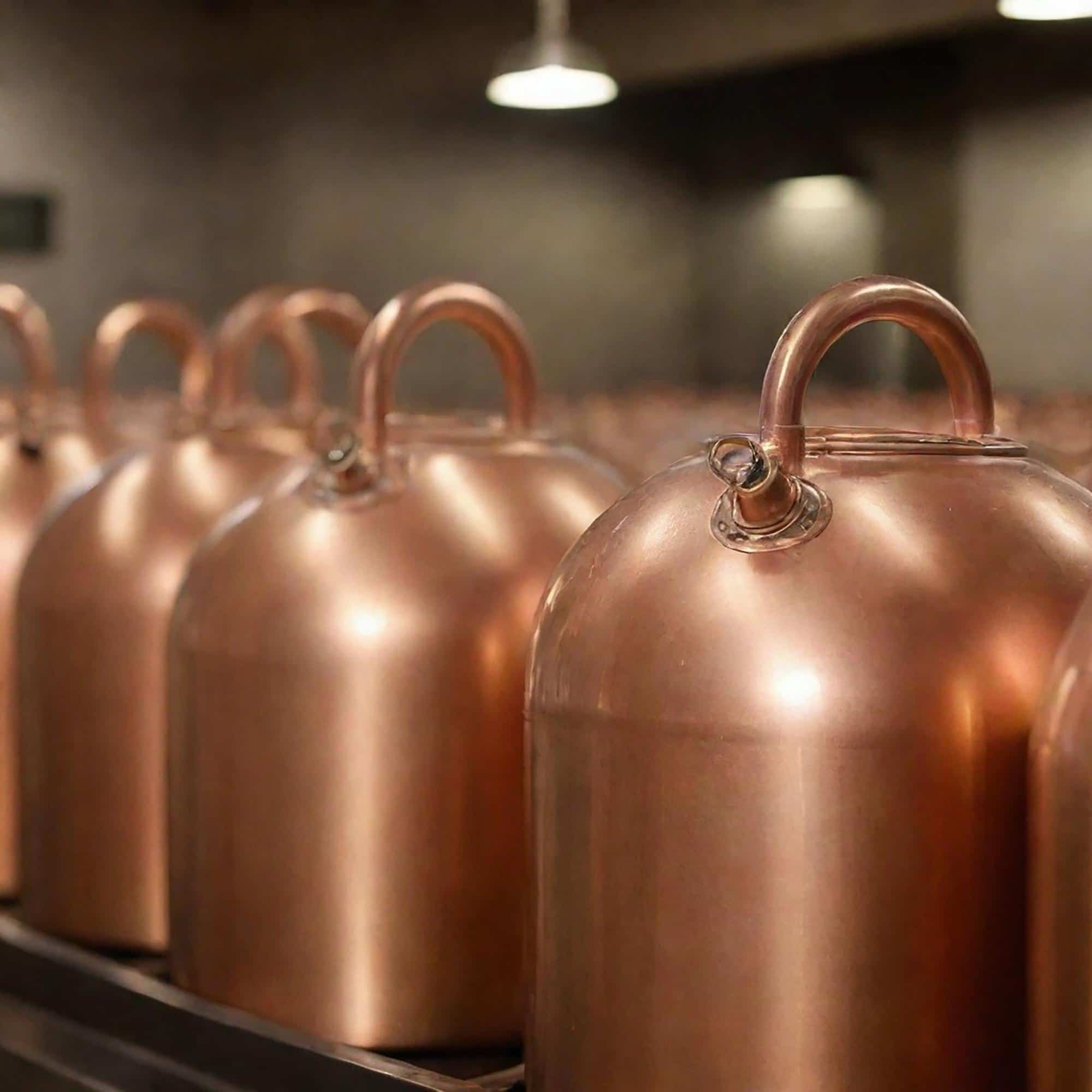 Cuves en cuivre utilisées dans la fabrication artisanale, illustrant le savoir-faire traditionnel autour de ce métal.