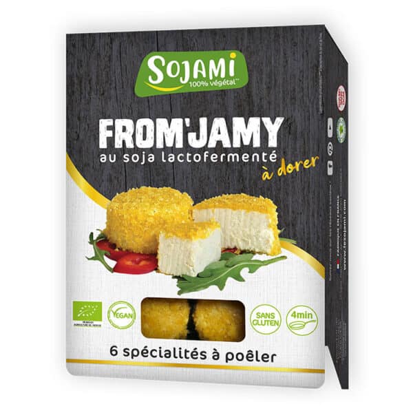 From'Jamy à dorer Bio Sojami, palets végétaux au soja bio lactofermenté avec fine panure sans gluten, prêts à dorer à la poêle.