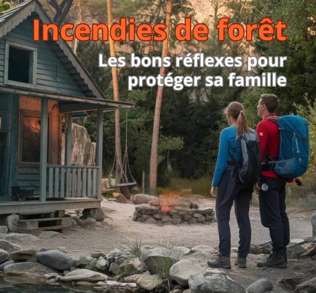 Couple observant une maison en lisière de forêt avec des sacs à dos, illustrant les bons réflexes pour protéger sa famille en cas d'incendie de forêt.