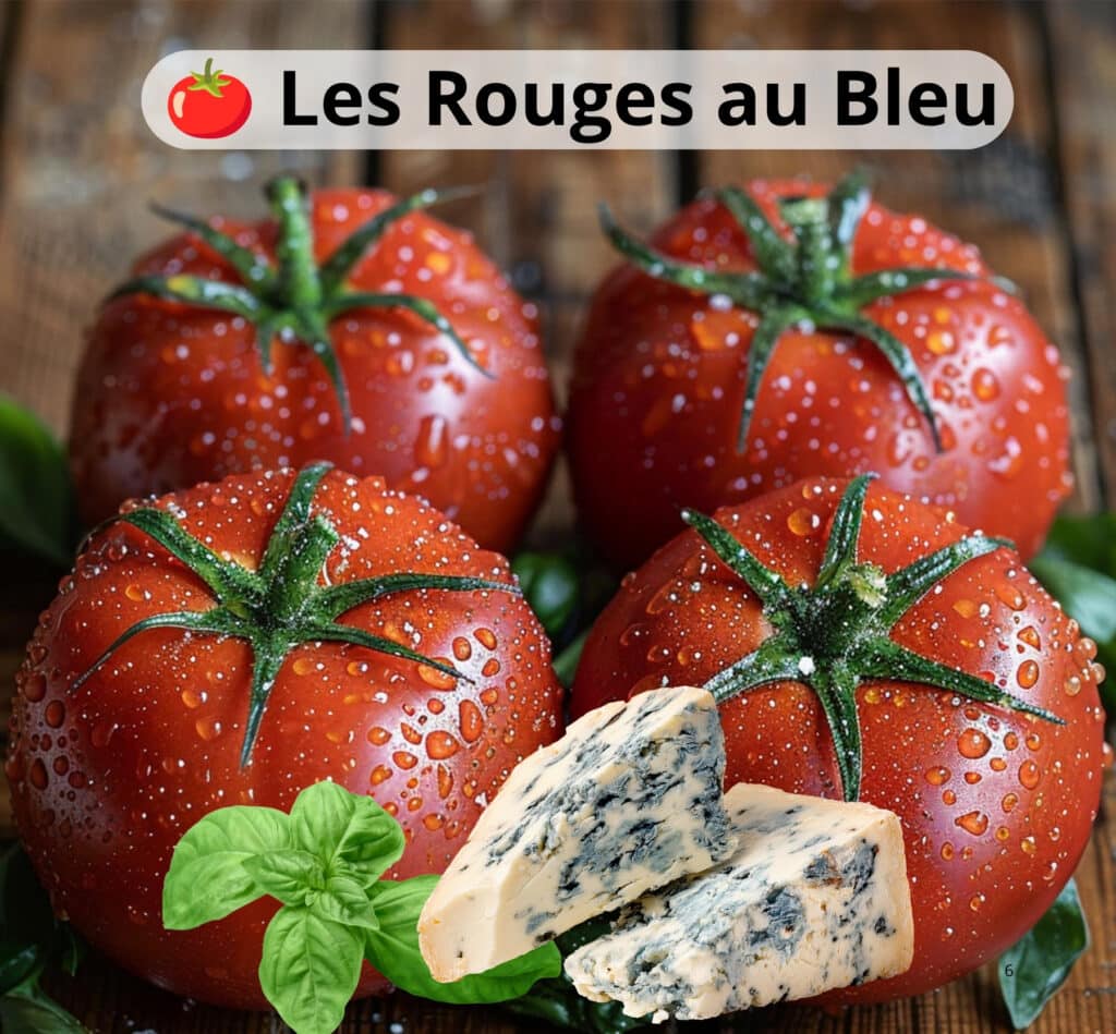 Quatre tomates d'été accompagnées de bleu et de basilic illustrant la recette « Les Rouges au Bleu », une entrée fraîche et gourmande de Lina.
