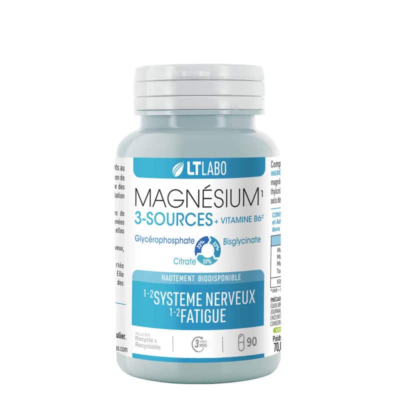Magnésium 3 Sources + Vitamine B6 LT Labo en flacon de 90 gélules, formule associant bisglycinate, citrate et glycérophosphate de magnésium pour aider à réduire la fatigue et soutenir le système nerveux.