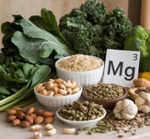 Aliments naturellement riches en magnésium : légumes verts, graines, fruits à coque, avocat, chocolat noir et autres sources alimentaires de magnésium.