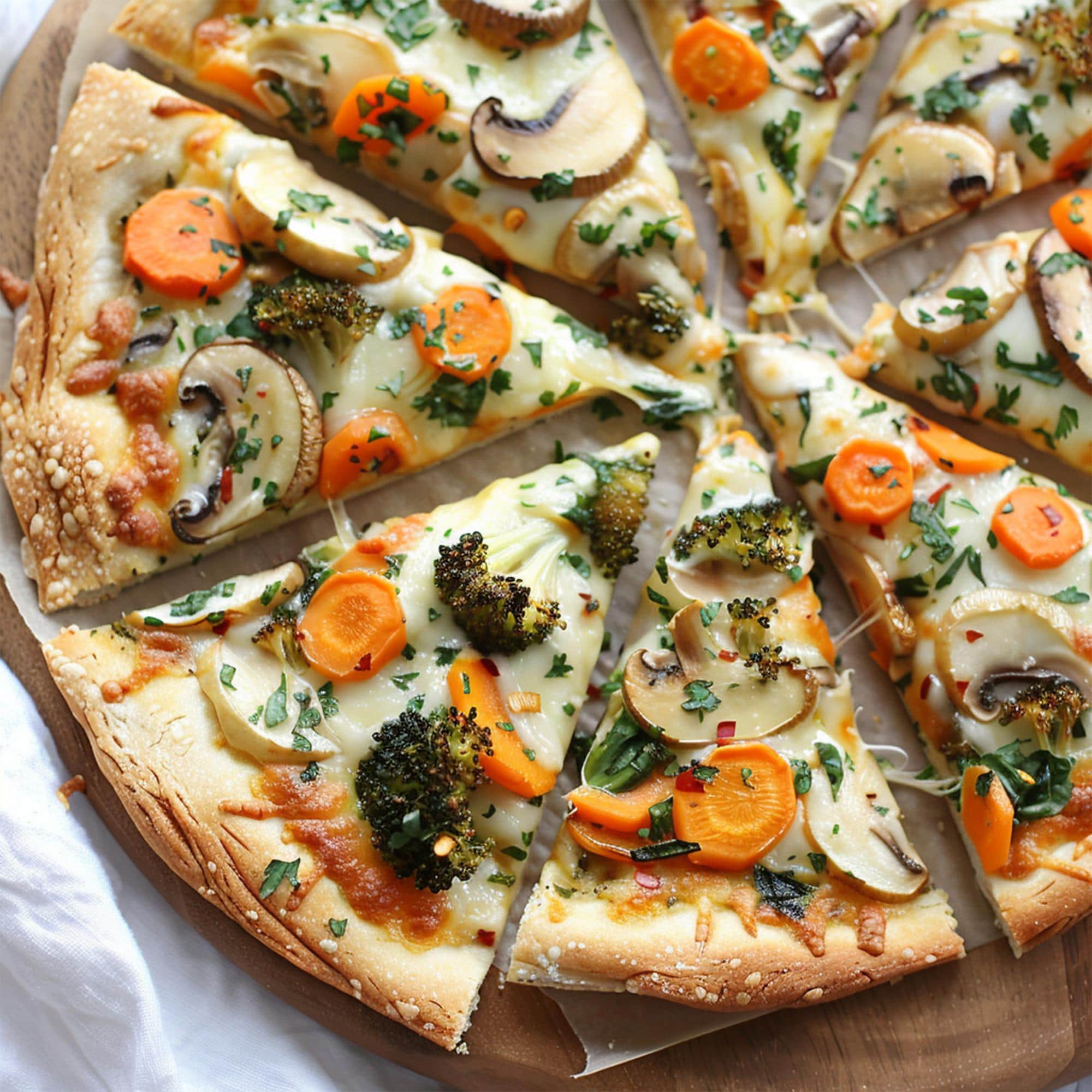 Pizza maison garnie de légumes grillés et d'une alternative végétale au fromage, idéale pour une cuisine gourmande et végétale.