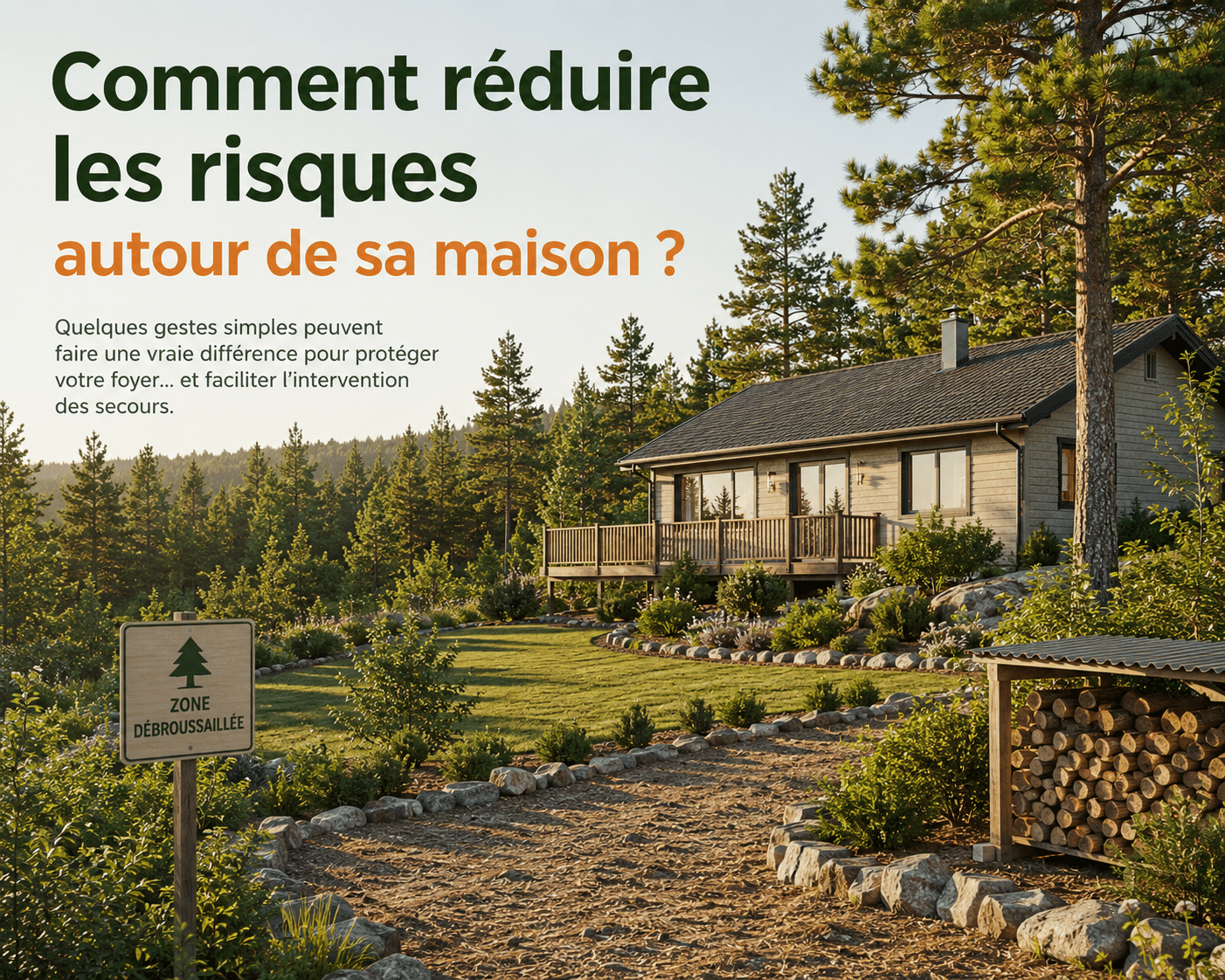 Maison entourée d'une végétation entretenue en lisière de forêt, illustrant comment réduire les risques d'incendie autour de son habitation.