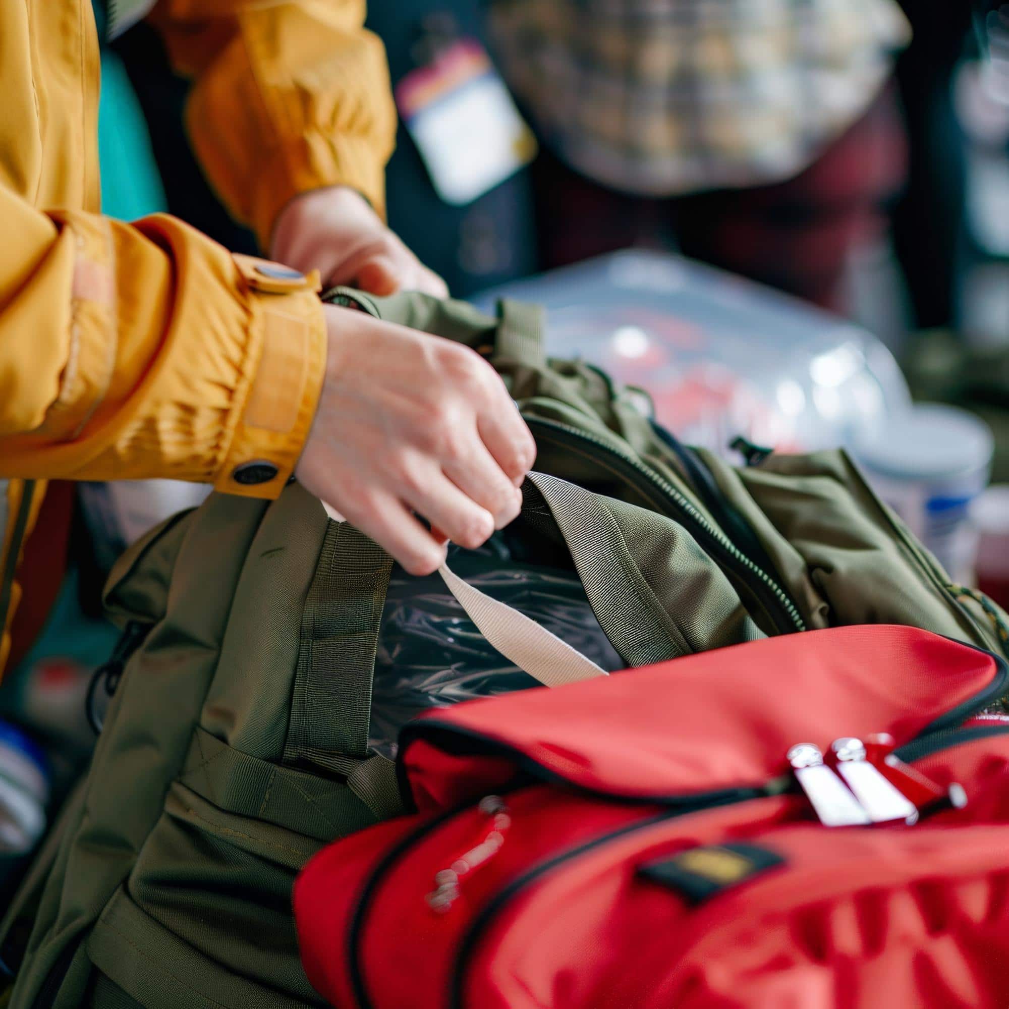 Préparation d'un sac d'urgence contenant les essentiels du quotidien pour faire face à une évacuation rapide en cas d'incendie de forêt.