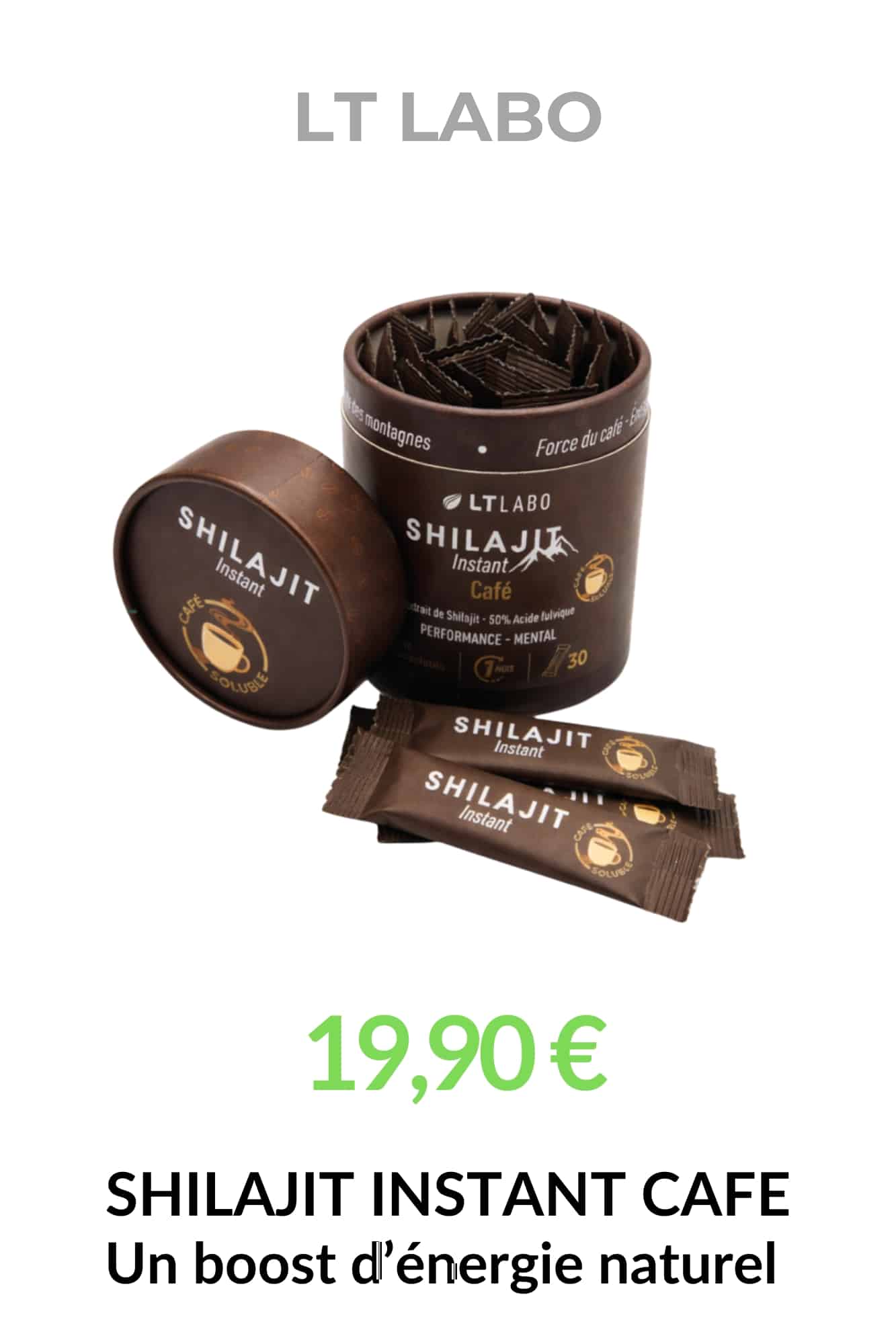 Shilajit Instant Café LT Labo en 30 sticks associant extrait de shilajit de l'Himalaya et café Arabica pour soutenir naturellement l'énergie, la concentration et la vitalité.